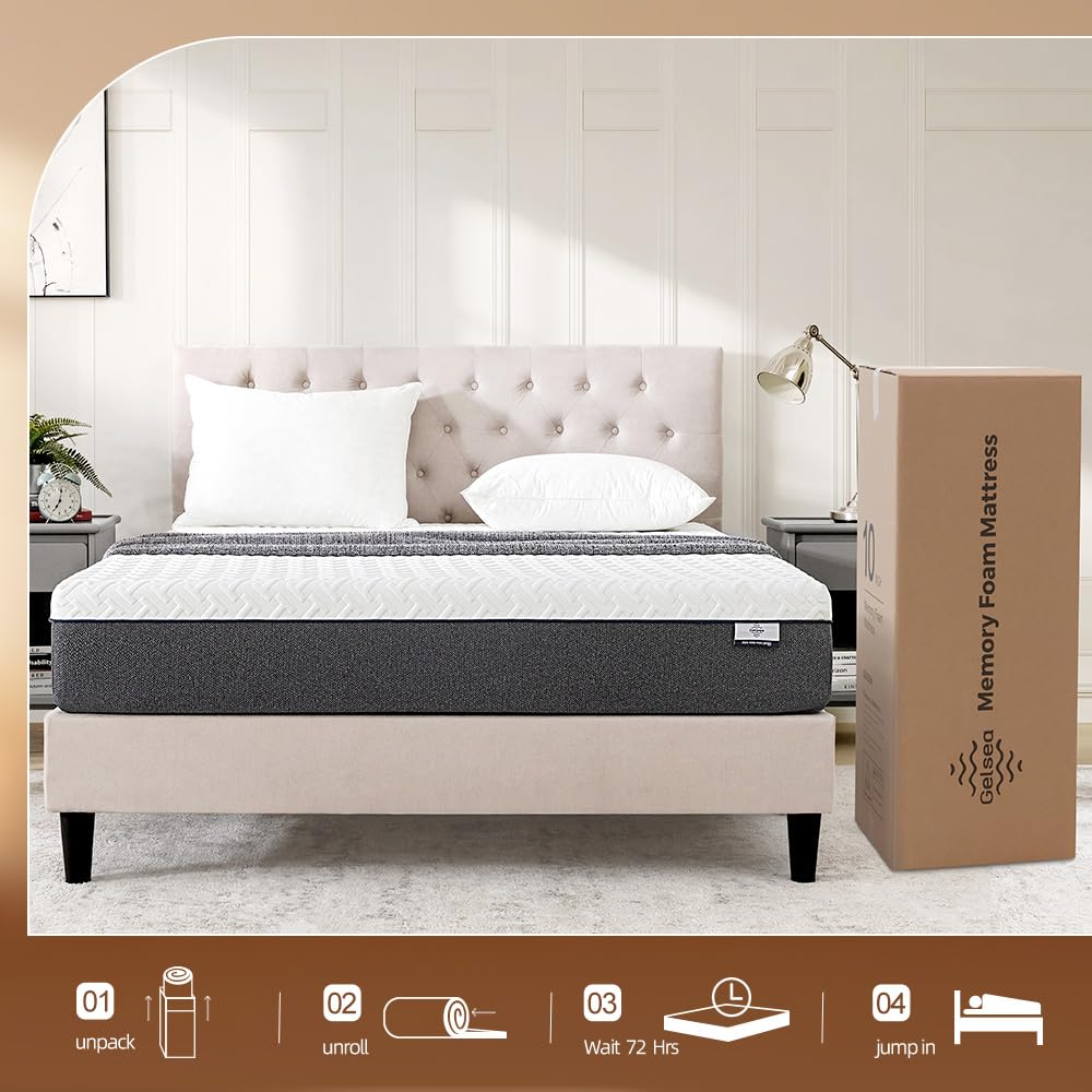 Gelsea Queen Mattress,10 Inch Memory Foam Mattress In A Box,Green Tea Infused,Hypoallergenic Bamboo Charcoal,Made In Usa,Queen S