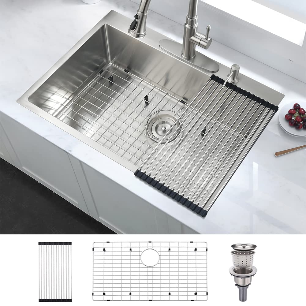 28 Inch Drop In Kitchen Sink - BoomHoze 28x22 Topmount Drop In Stainless Steel Kitchen Sink Single Bowl 16 Gauge Brushed Nickel 