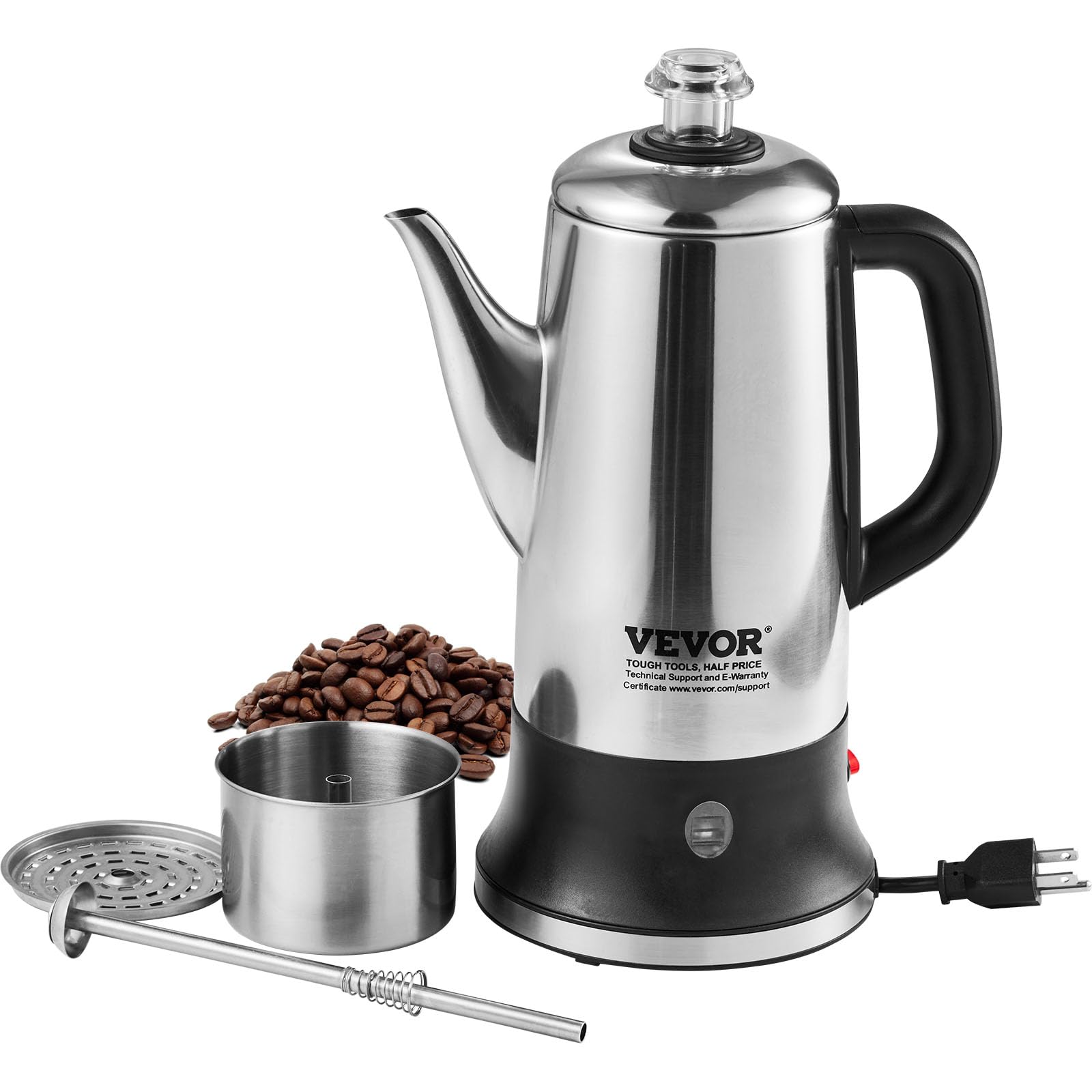 VEVOR Electric Percolator Coffee Pot 12-Cup, 304 Stainless Steel Coffee Percolator, 1000W, Automatic Keep-Warm & Split Power Bas