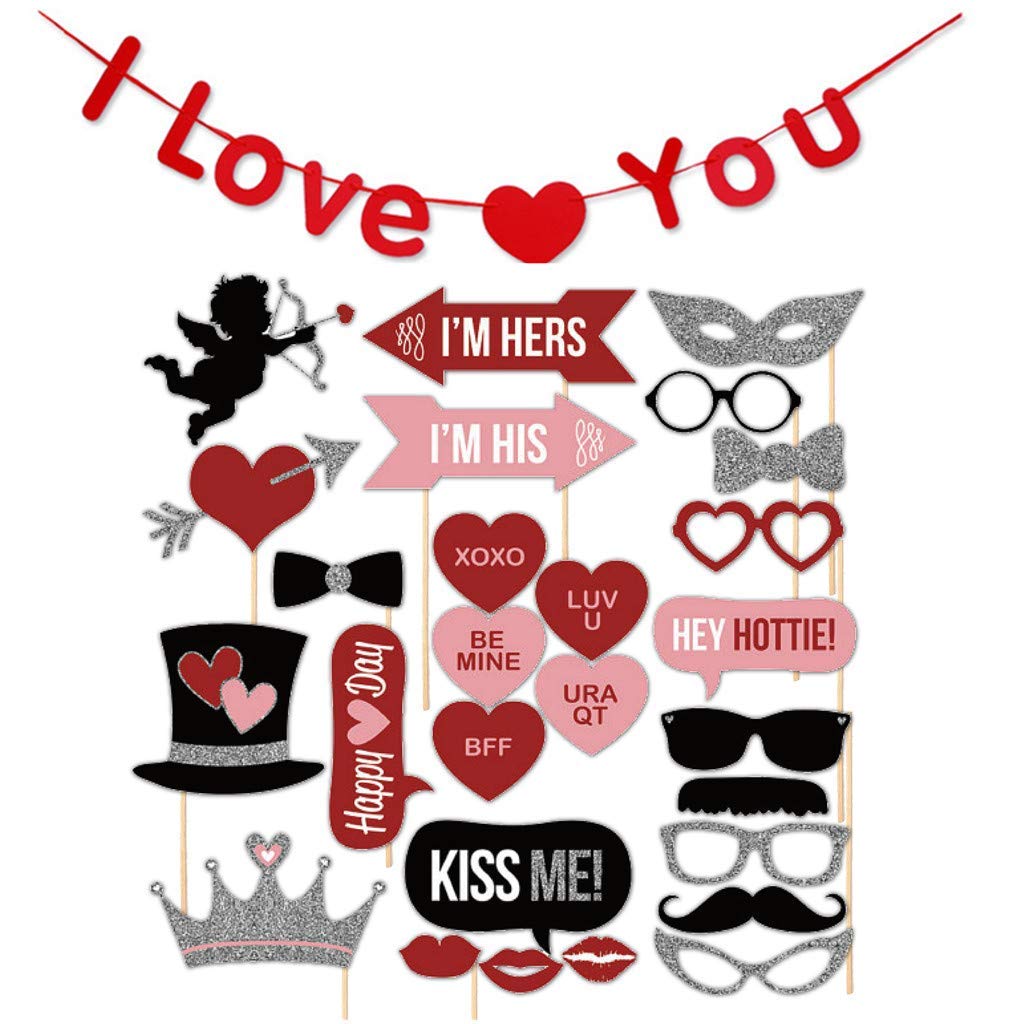 Festiko Heart I Love You Banner With 27 Pieces Valentines Day Photo Booth Props Kit, For Valentines Day Event Party Favors Decor