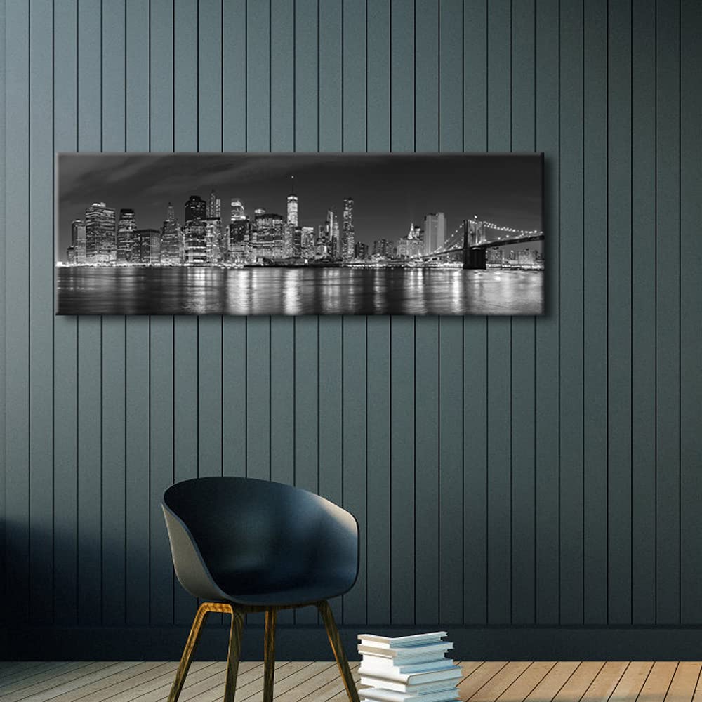 Wieco Art New York Manhattan Night View In Black And White Giclee Canvas Prints Modern Stretched And Framed Art Work Cityscape P