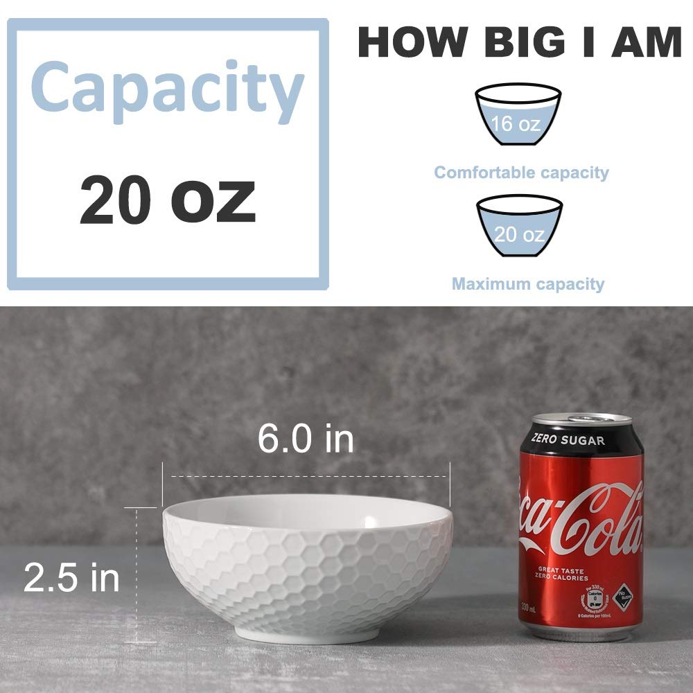 Buyajuju Cereal Soup Bowls, 20 Ounce White Bowls Set, Porcelain Bowls For Oatmeal, Rice, Salad, Pasta And Noodle, Set Of 4 (6Inc