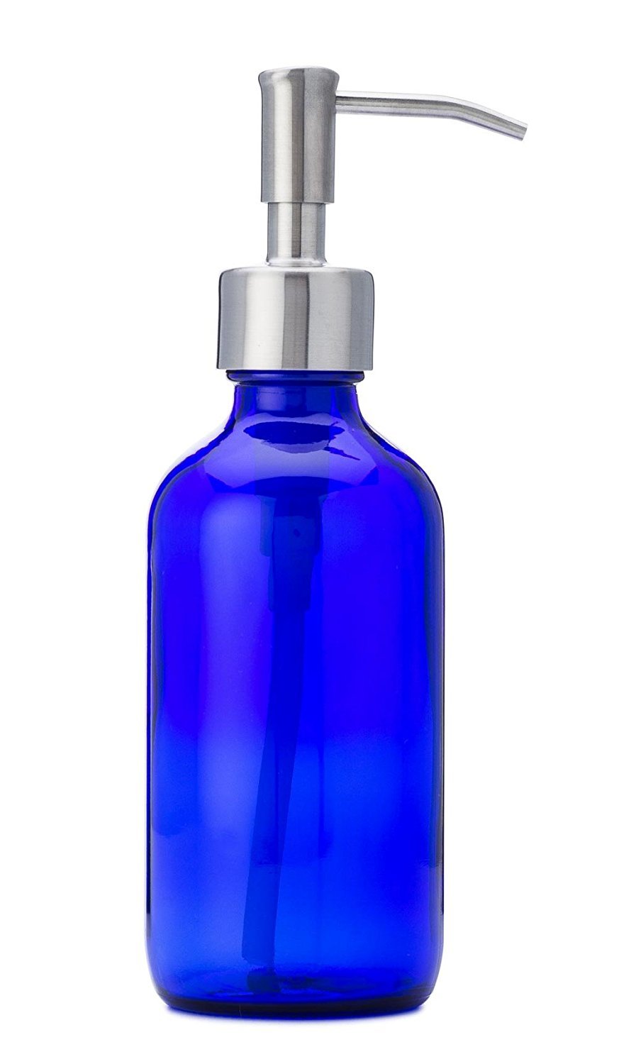 Petite Blue Glass Soap and Lotion Dispenser with Stainless Steel Pump  8 oz