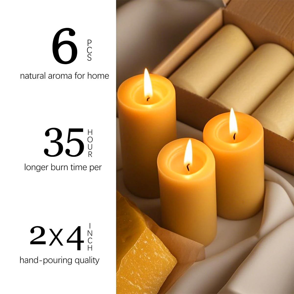 6 Packs Natural Beeswax Candles, 100% Pure Beeswax Pillar Candles for Emergency Prayer Home Decor, Bees Wax Candle for Relax, Sm