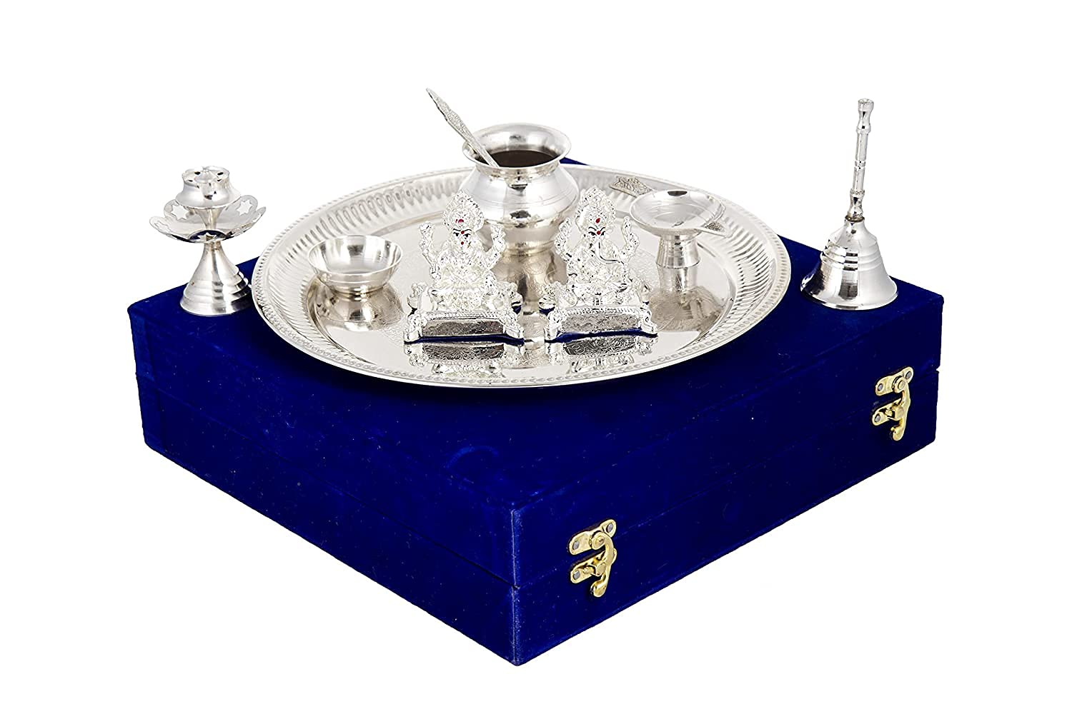 Giftcity Silver Plated Laxmi Ganesh Idol (Murti) With Pooja Thali Set Decorative Showpiece - 25 X 25 X 4 Cm (Polyresin, Brass, S