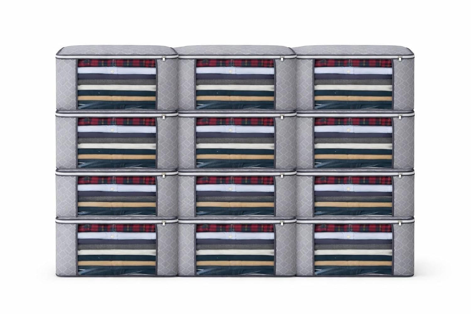 Clothes Storage Organizer Bags With Transparent Front Window And Zip Closure, (Grey, Pack Of 12)