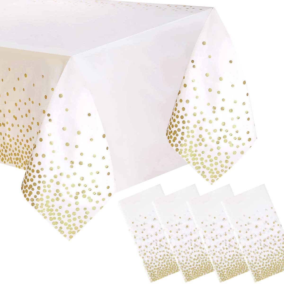 Jepeux 4 Packaging White And Gold Plastic Tablecloth, 54 Inch X108 Inch Rectangular Disposable Dot Party Table Cover, Suitable F