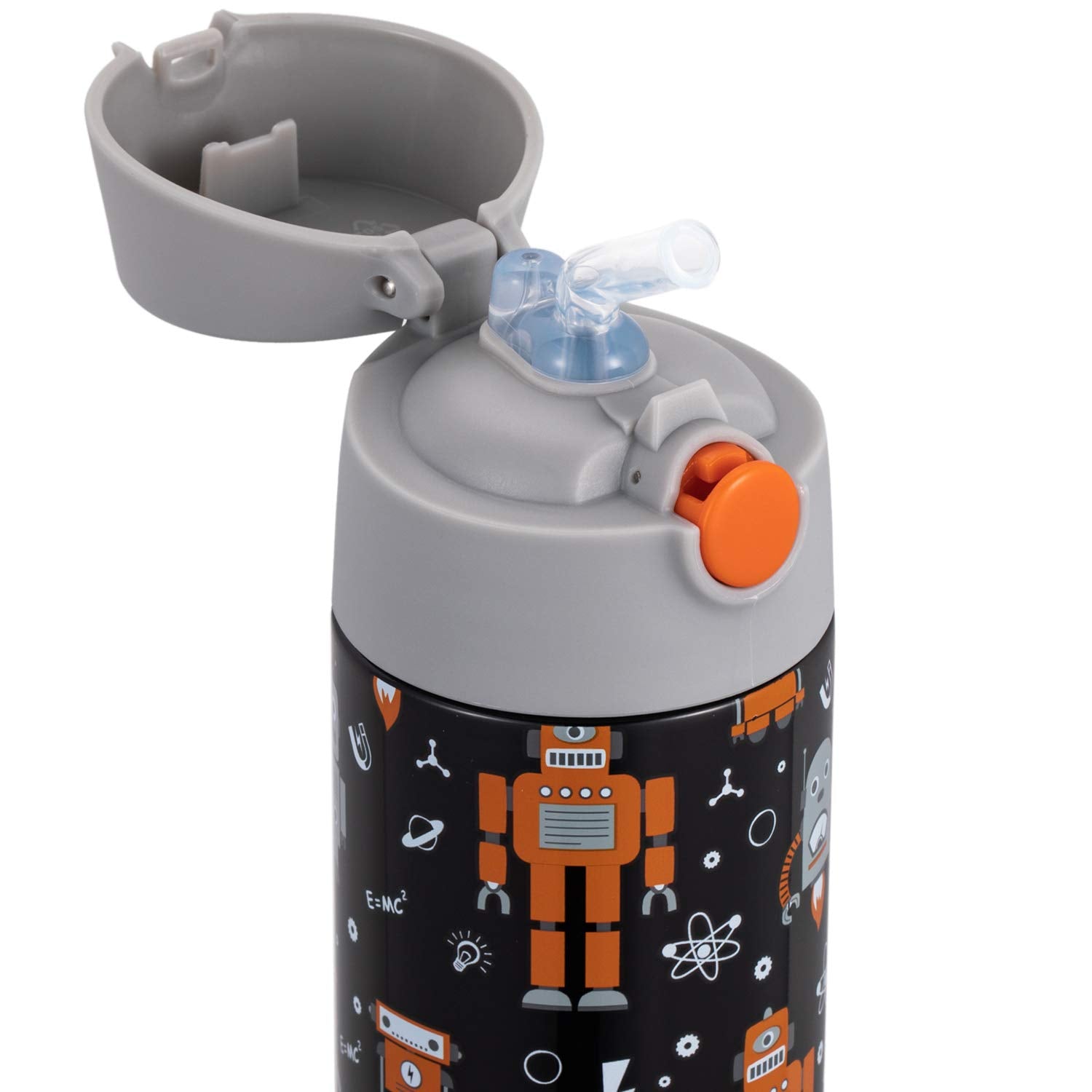 Snug Kids Water Bottle - insulated stainless steel thermos with straw (girlsBoys) - Robots  17oz