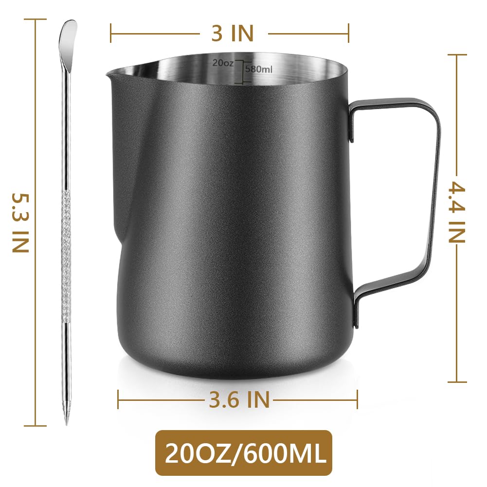 Frothing Milk Pitcher, 20 Oz/600 Ml Stainless Steel Frothing Milk Jug With Latte Art Pen,With Internal Measurements, For Cappucc