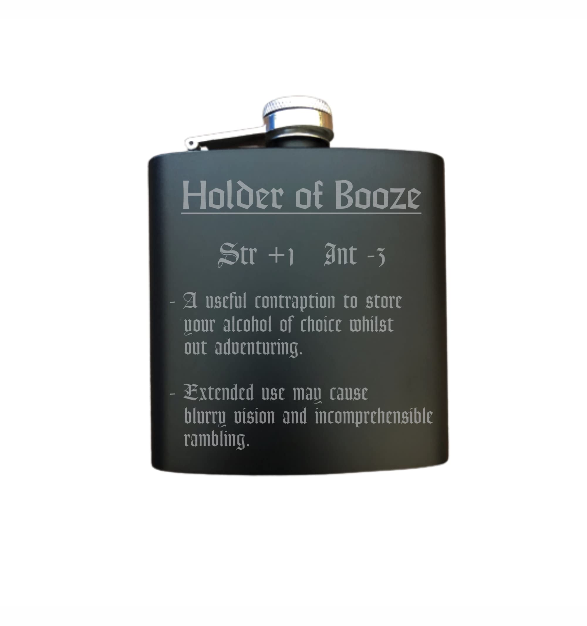 D&D Roleplaying Engraved Steel Flask Holder of Booze Funny Item Description
