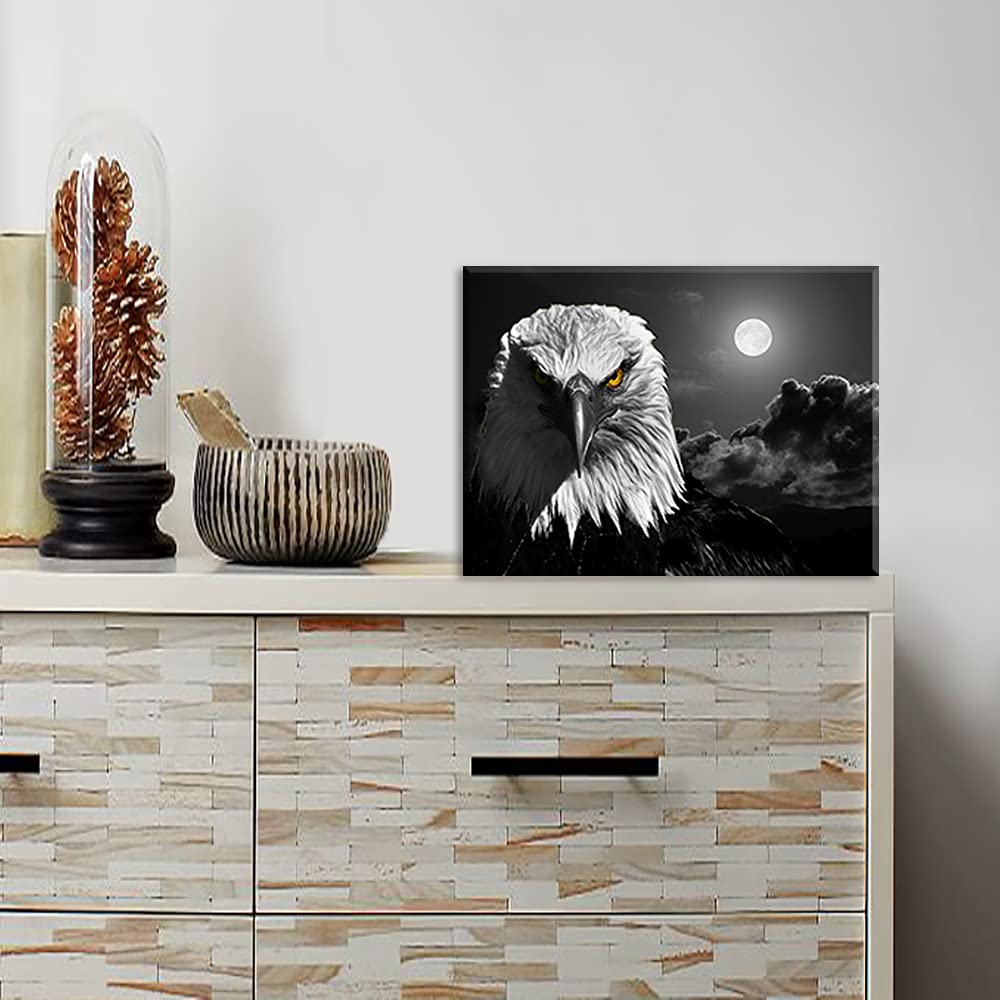 Cool Eagle Wall Art Decor For Bedroom, Piy Fierce Bald Eagle Under Moon Night Picture, Awesome Black And White Canvas Prints Dec