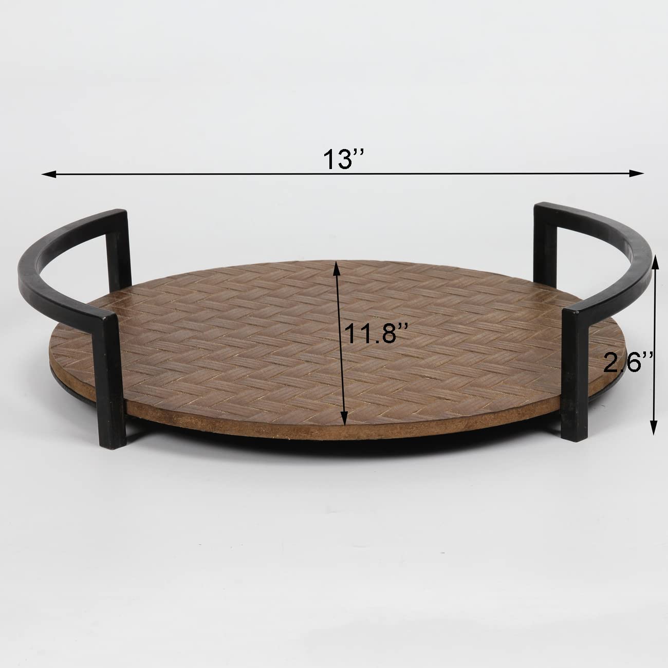 Farmhouse Round Decorative Tray,Wood Serving Tray With Metal Handles, Rustic Ottoman Coffee Table Accent Tray, Centerpieces For