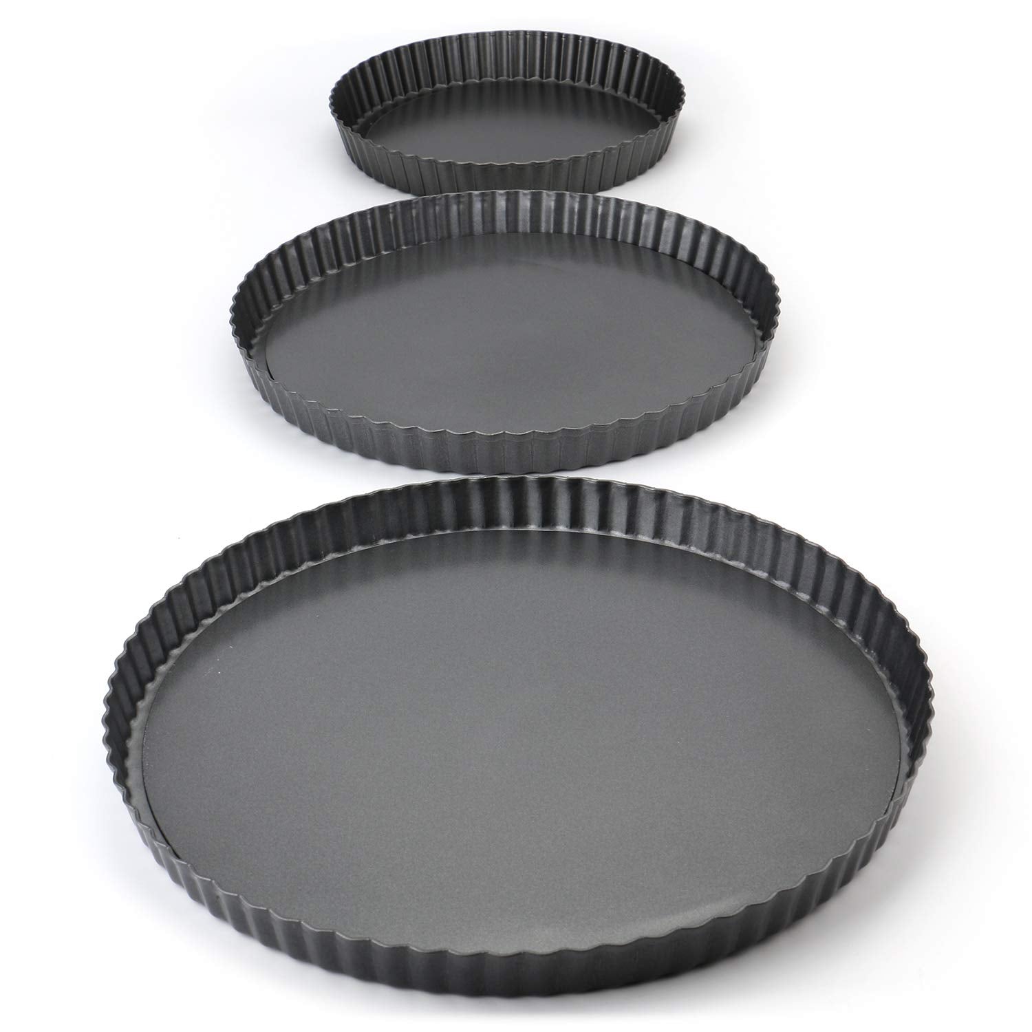 Tosnail Set Of 3 Non-Stick Round Quiche Pan, 12 Inch, 10 Inch, 8 Inch Fruit Tart Pan, Fluted Pie Pan With Removable Bottoms