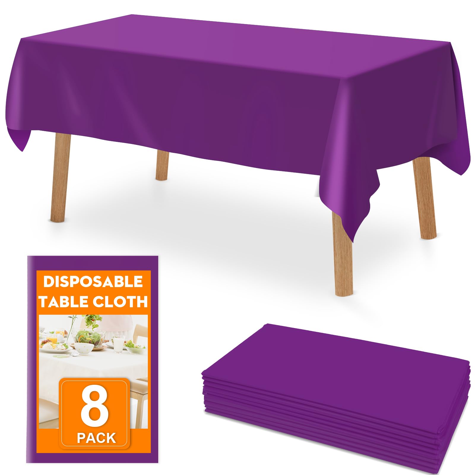 RowinsyDD 8 Pack Purple Table Cloths Disposable, 54 x 108 Inches Plastic Table Cover for Rectangle Tables, Disposable Tablecloth