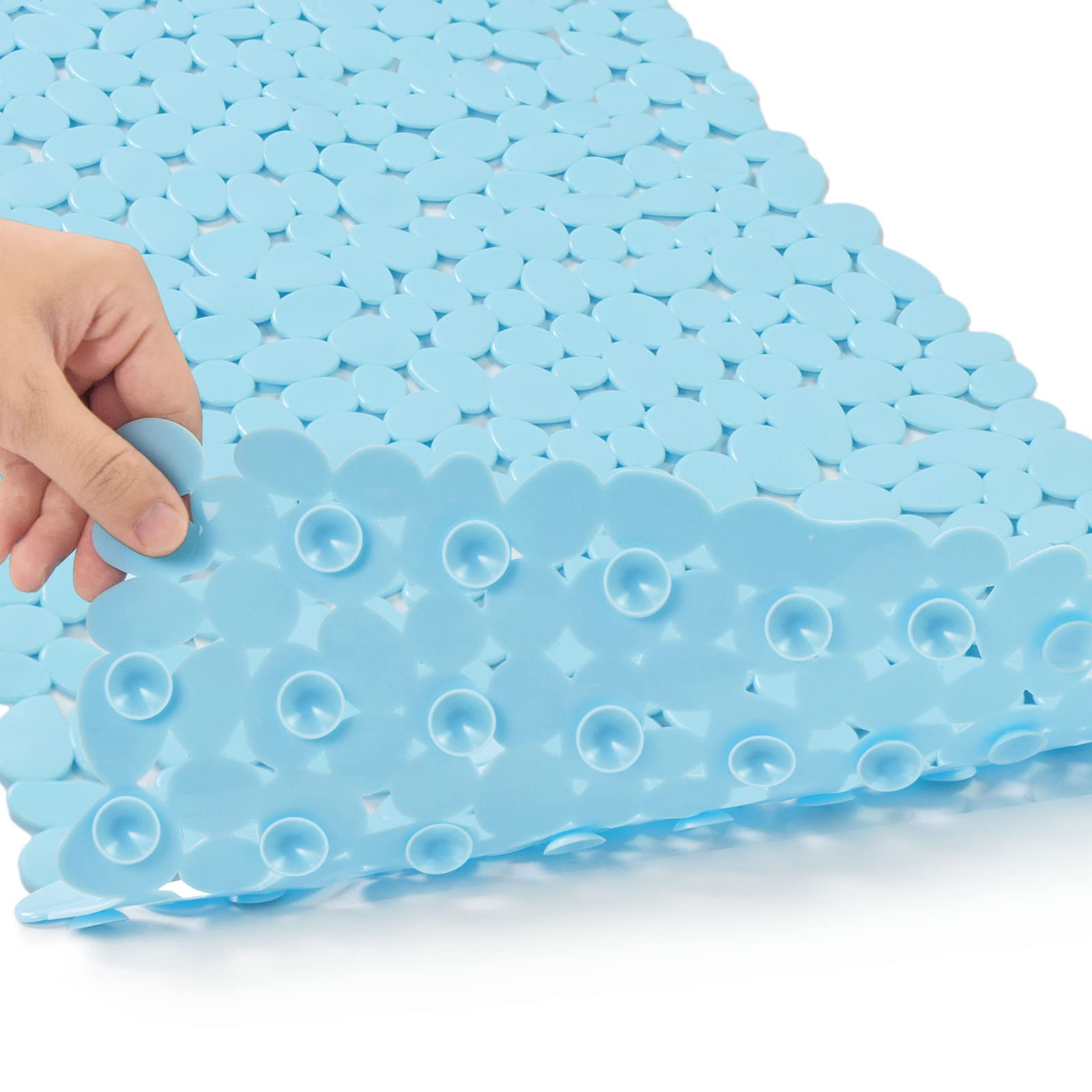 Songziming Bathtub Mat Non Slip Pebble Bath Shower Mat With Drain Holes, Suction Cups Mat For Tub 16'' W X 35'' L, Blue