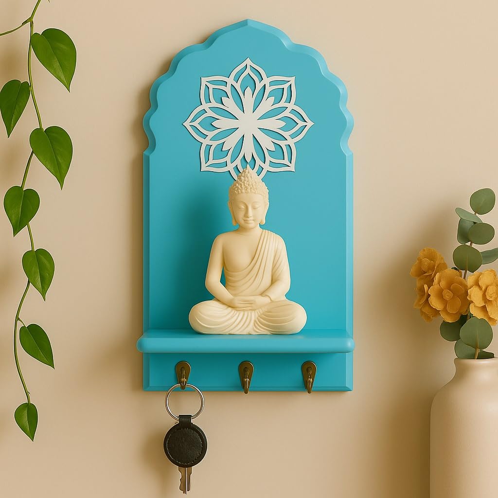 Globally Indian Engineered Wood Keys Holder for Wall with Shelf | Mandala Design Key Stand Organizer for Home Entrance | Decorat