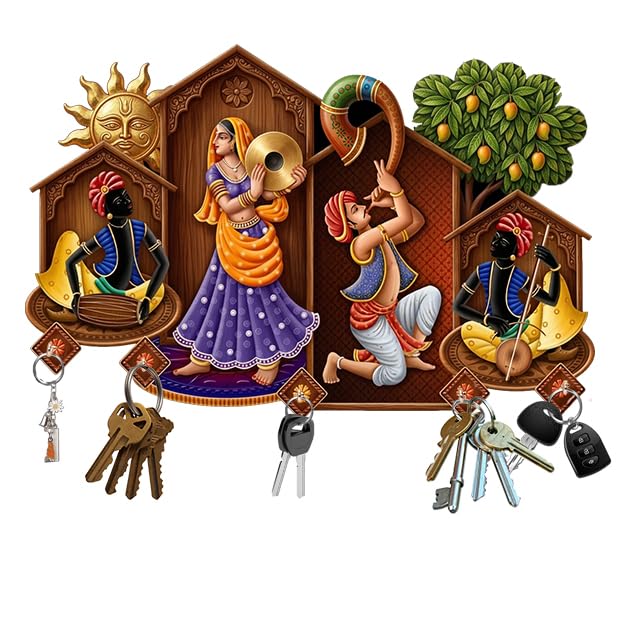 Printed Key Holder for Home, Rajasthani Folk Art Theme, Wall Mounted Decorative Key Hanger