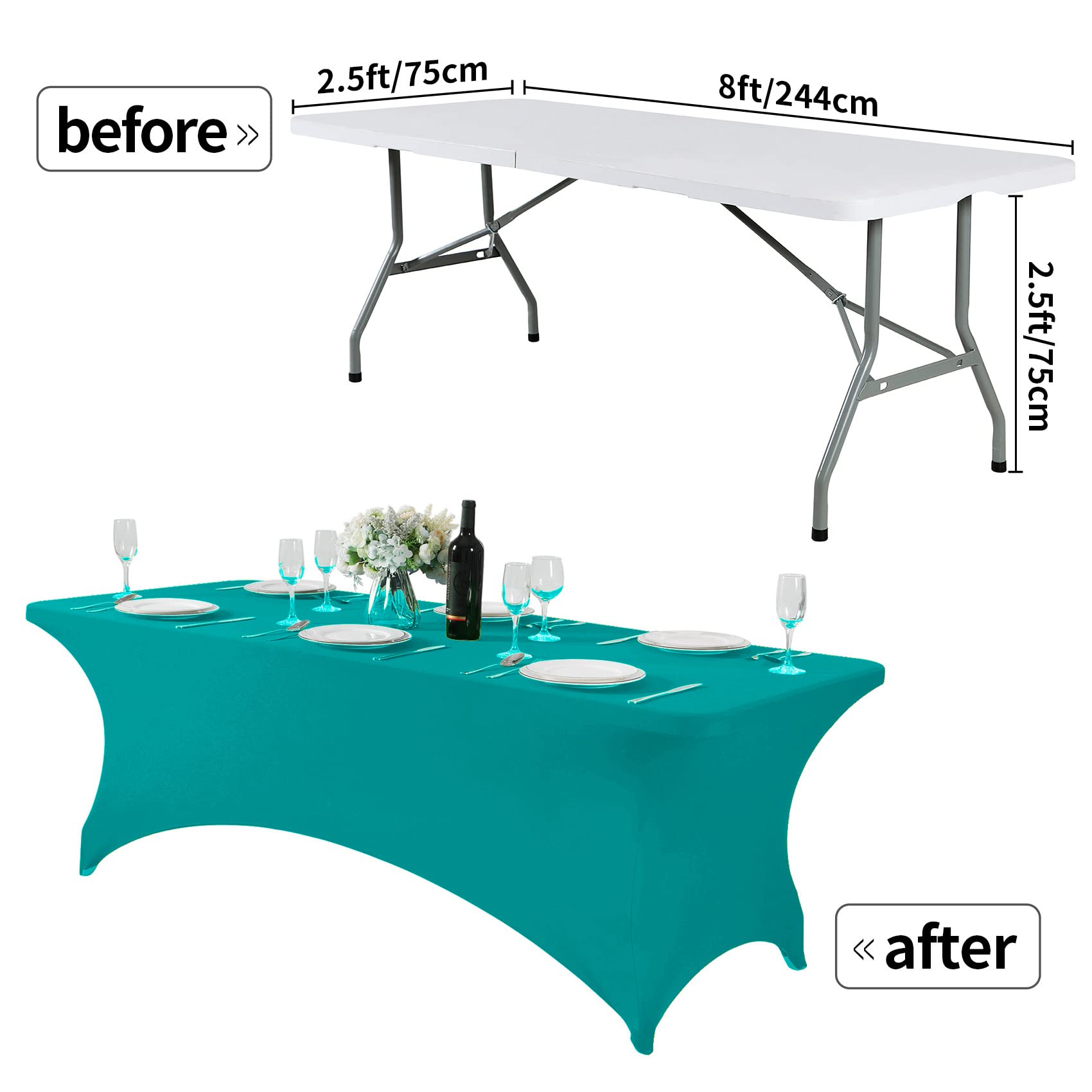 Hezuzo 2Pack Spandex Table Cover For 8Ft Table Universal Fitted Stretch Tablecloth For Party, Banquet, Wedding And Events-Turquo