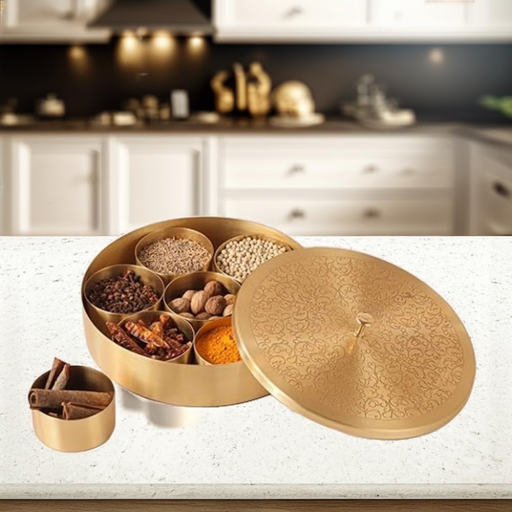 Sanskriti Decor Brass Spice Box For Kitchen (Pure Brass, 7 Detachable Containers, 120 Ml 1 Spoon) | Masala Box For Kitchen Masal