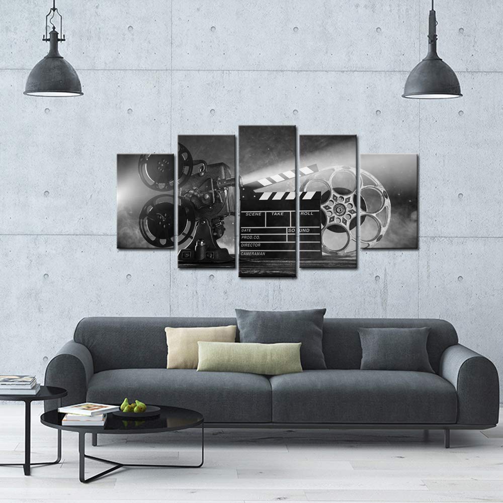 Levvarts Large 5 Piece Canvas Wall Art Classic Old Fashion Film Reels Poster Filmmaking Concept Scene Black And White Pictures F