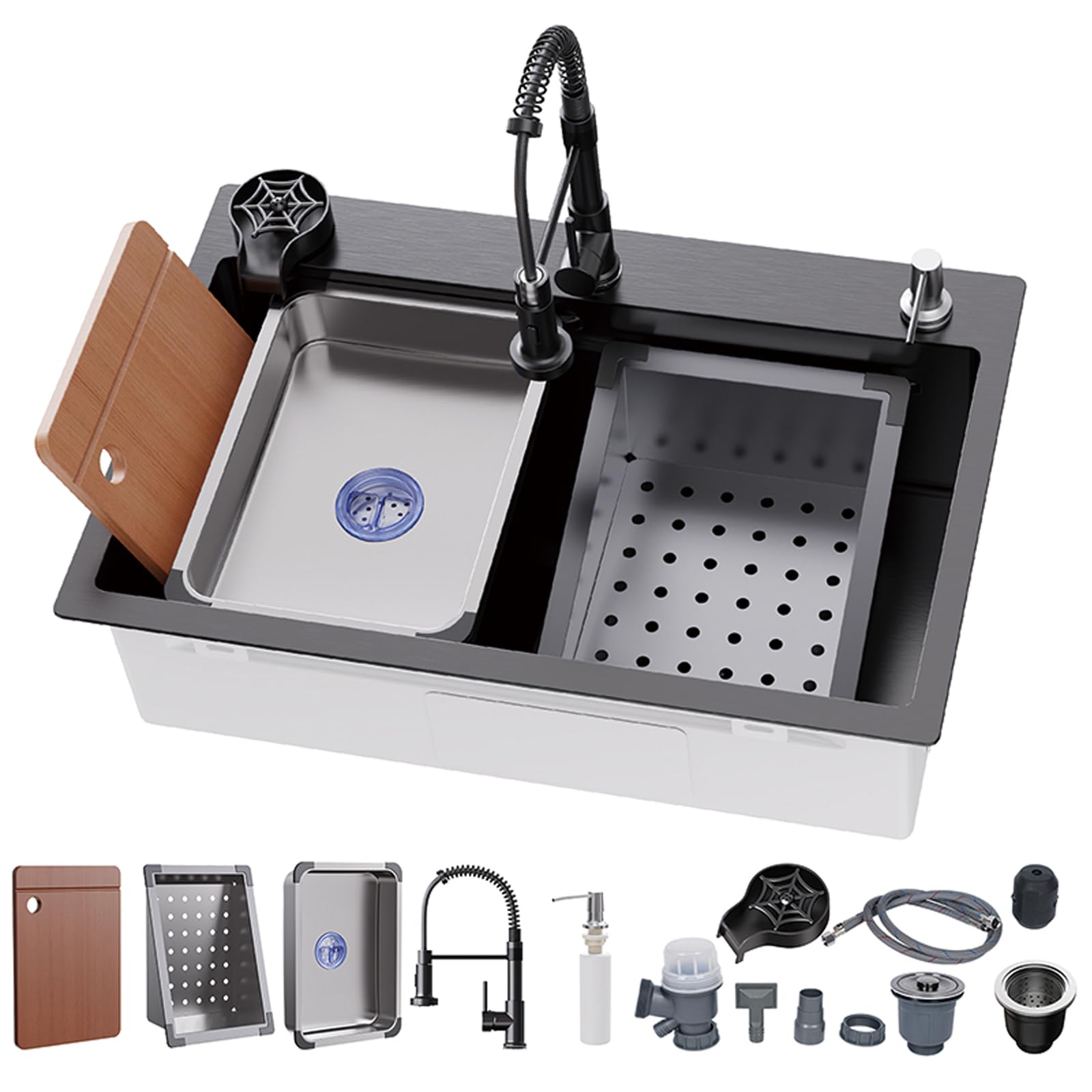 31.5 X 17.7 Inch Kitchen Sink, Single Bowl Stainless Steel Sink Multifunctional Drop In Sink With Pull-Down Faucet And Multiple