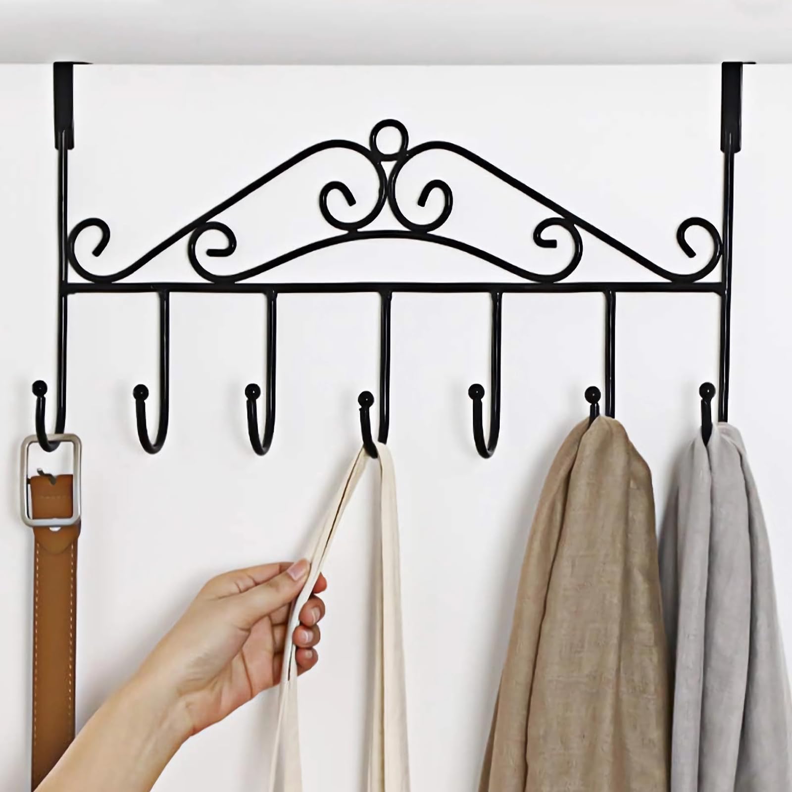 SSAWcasa Over The Door Hooks, 7 Hook Towel Rack, Anti-Rust Metal Organizer for Hat, Coat, Bag - Black, Model TRTV1657