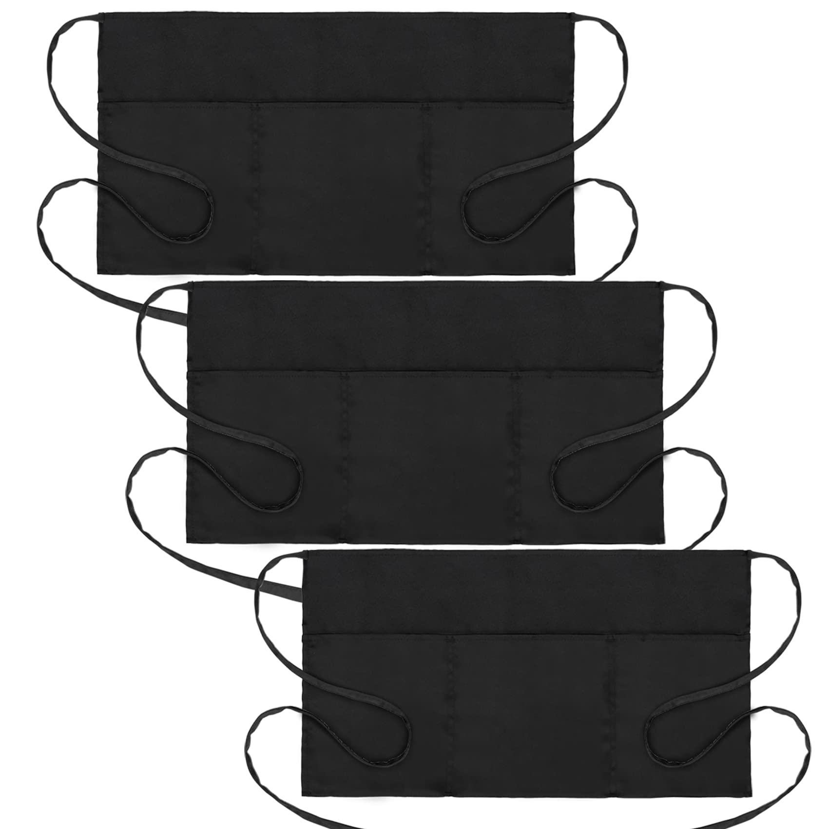 3 Pack Waist Apron - Server Aprons With 3 Pockets - Water & Oil Resistant Waitress Apron With Pockets - Black Aprons For Servers