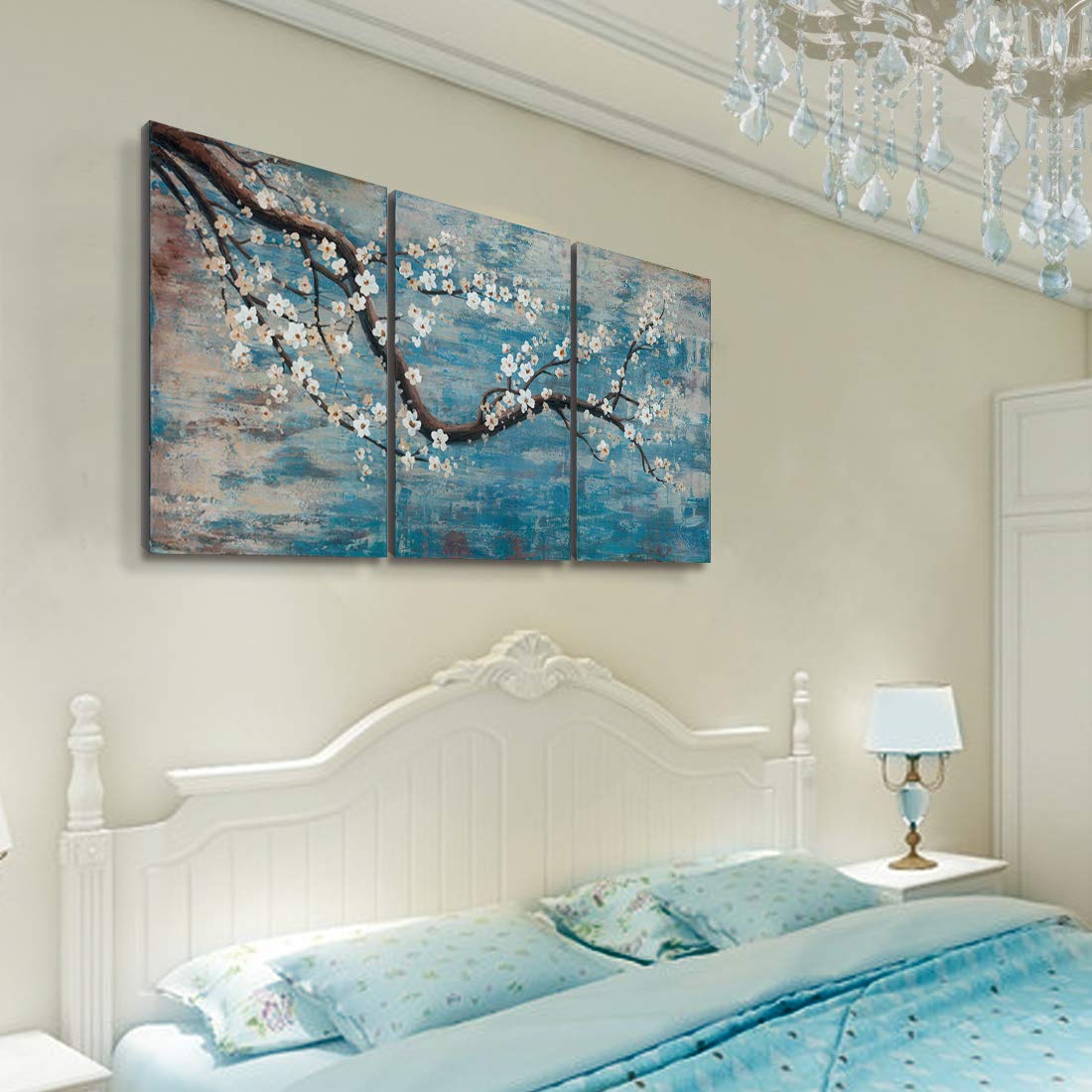 Wall Art for Living Room 100% Hand-Painted Flower Oil Painting On Canvas Gallery Wrapped Large Framed Floral Plum Blossom Tree Teal Blue Artwork for Home Bedroom Decor 48''x24''