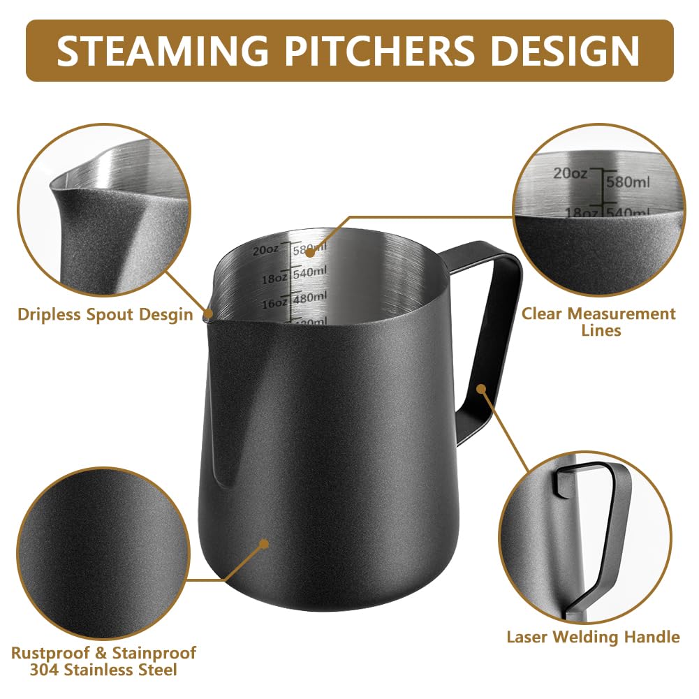 Frothing Milk Pitcher, 20 Oz/600 Ml Stainless Steel Frothing Milk Jug With Latte Art Pen,With Internal Measurements, For Cappucc