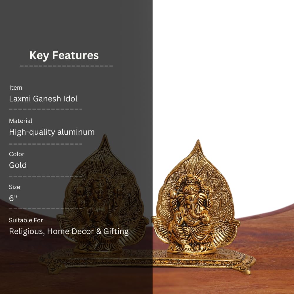 Smiles Gift Gold Plated Patta Laxmi Ganesh Idol Statue | Aluminium Figurines | For Pooja, Mandir, Temple & Return Gift Showpiece