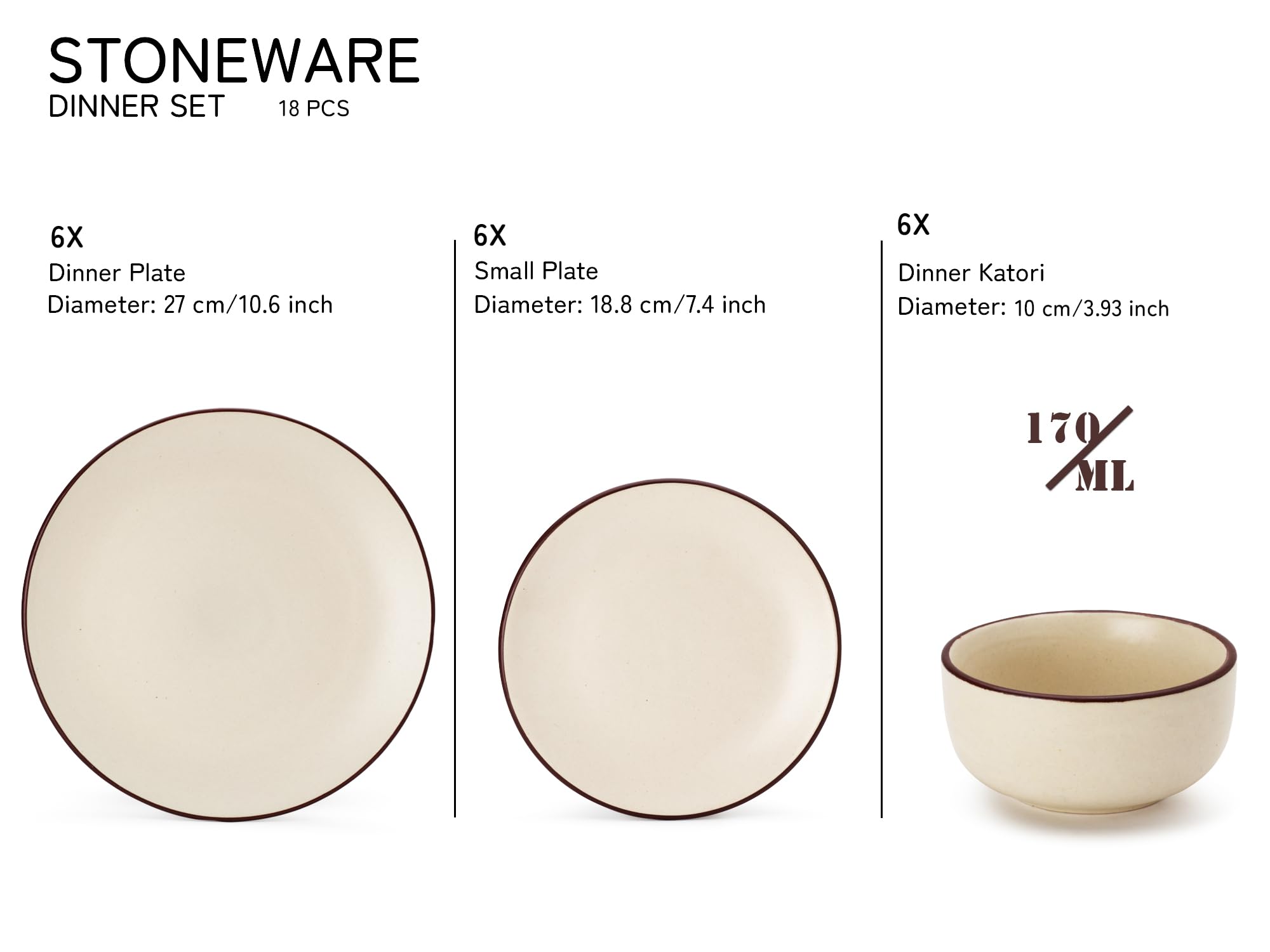 Bodhi House Handcrafted Stoneware Ceramic Dinner Set, 18 Pieces Dish Set Serving For 6, Microwave And Dishwasher Safe, Bone-Ash