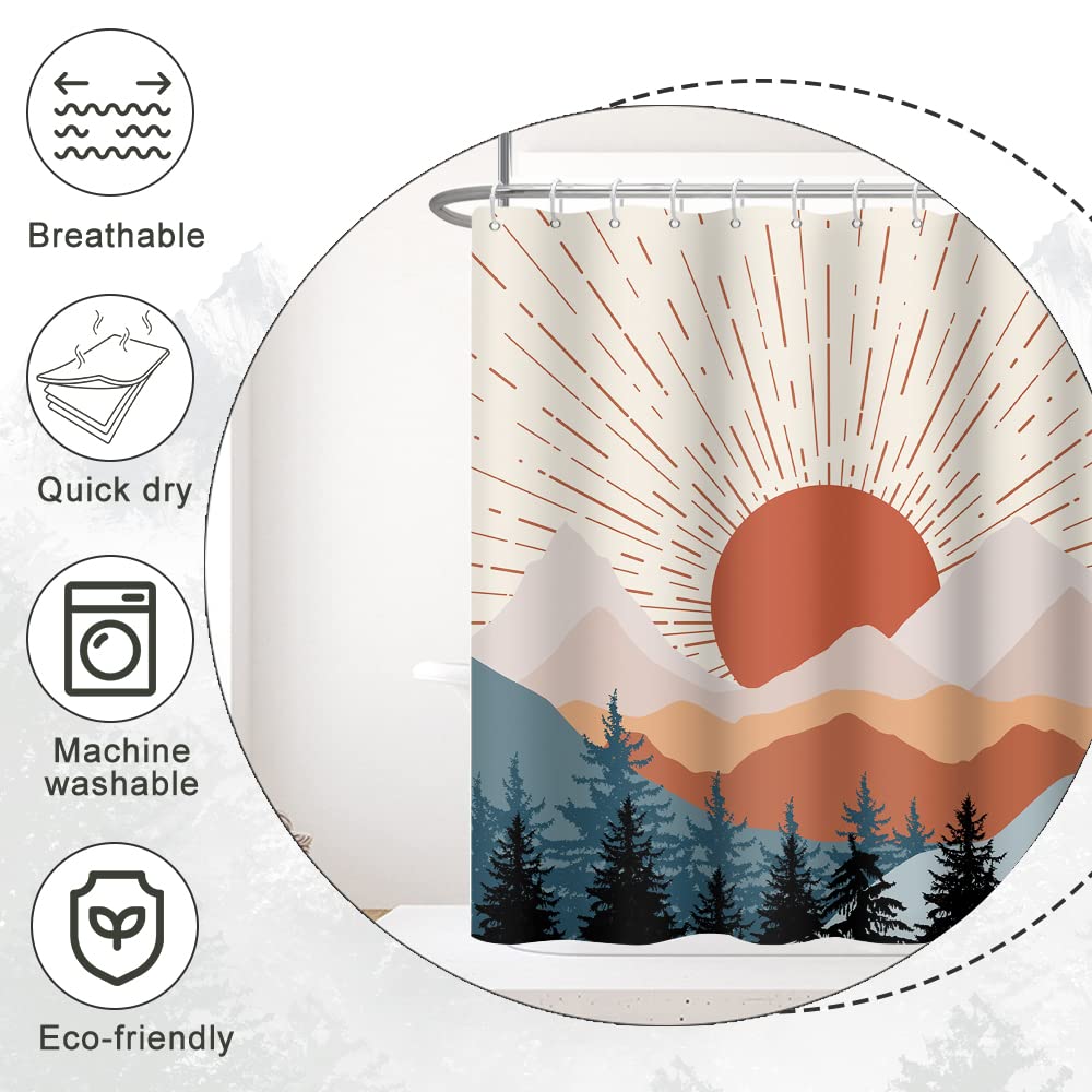 Ruelvth Stall Shower Curtain, Mid Century Boho Sunrise Small Shower Curtain Waterproof Abstract Terracotta Mountain Forest Narro