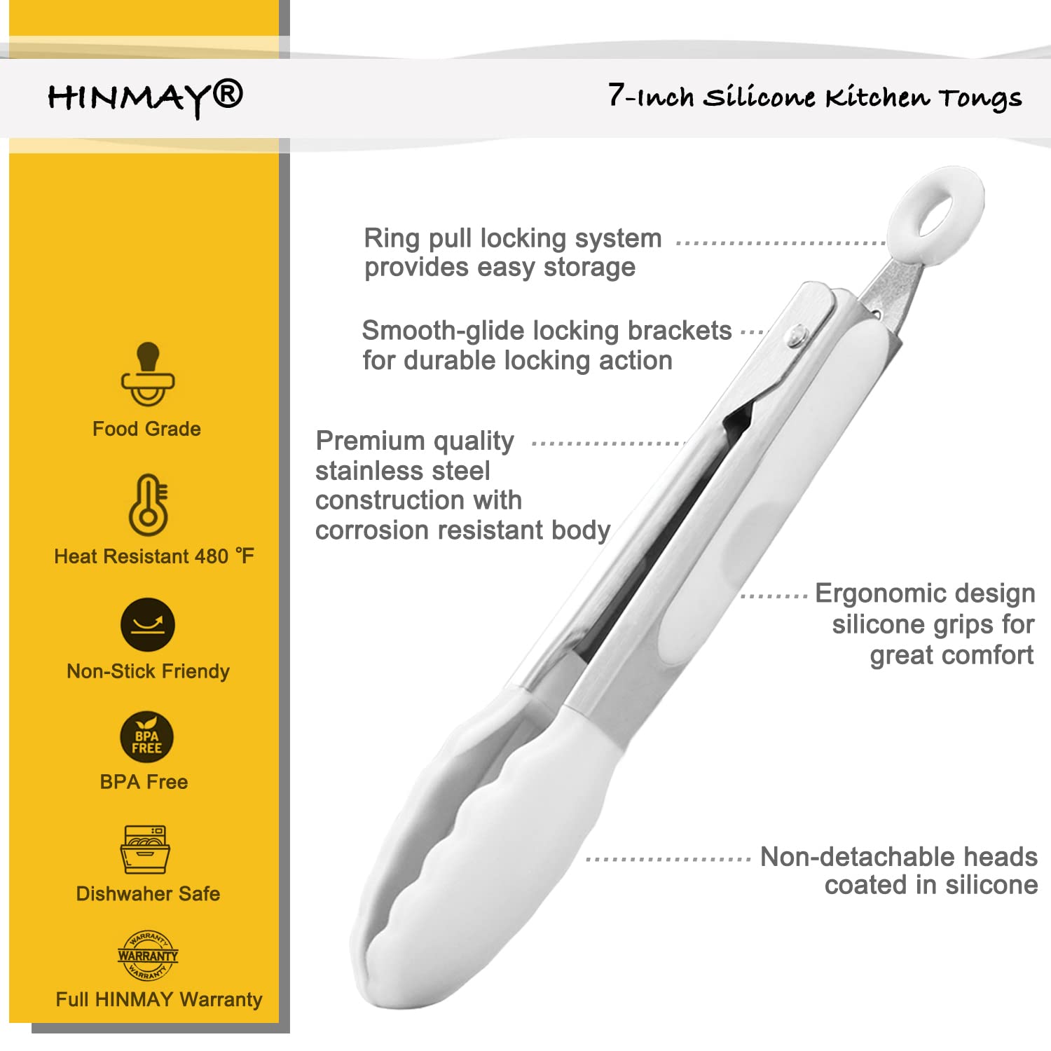 Hinmay Mini Tongs With Silicone Tips 7-Inch Kids Serving Tongs, Set Of 3 (White)