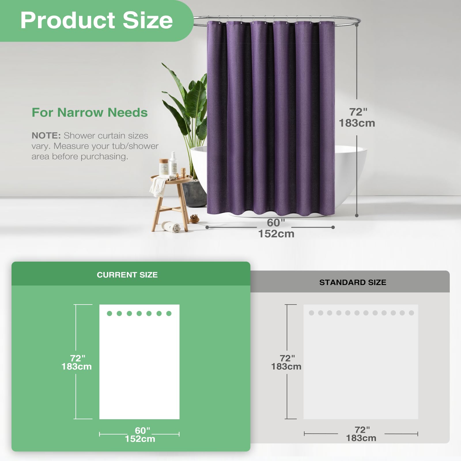 Dynamene 60 inch Stall Shower Curtain - Waffle Weave Heavy Duty Thick Fabric Shower Curtains for Bathroom  Weighted Hotel Spa Luxury Cloth Bath Curtain Set with 10 Plastic Hooks 60x72  Purple