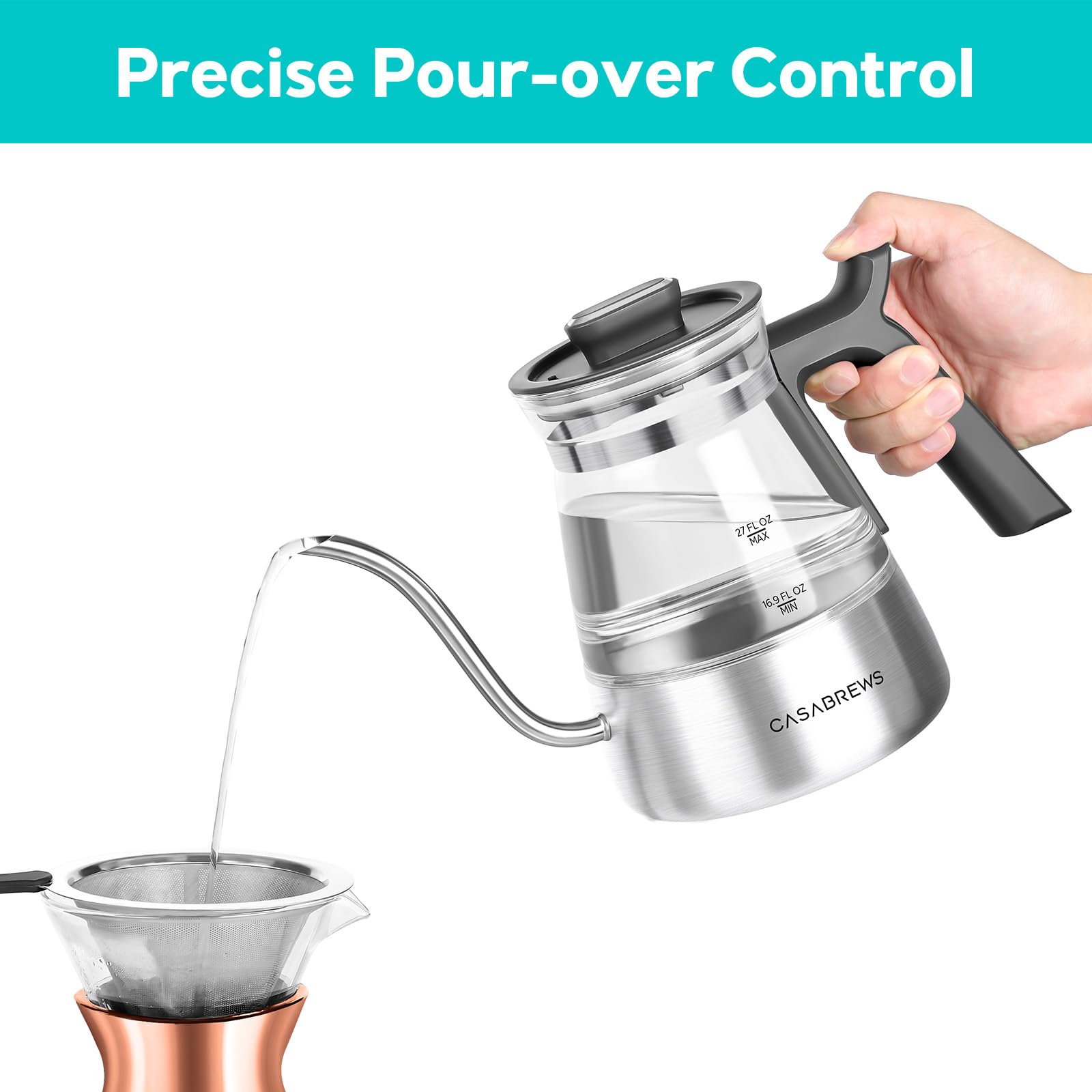 Casabrews Gooseneck Electric Kettle, Stainless Steel Glass Kettle With Temperature Control & Reservation Time Function, Pour Ove