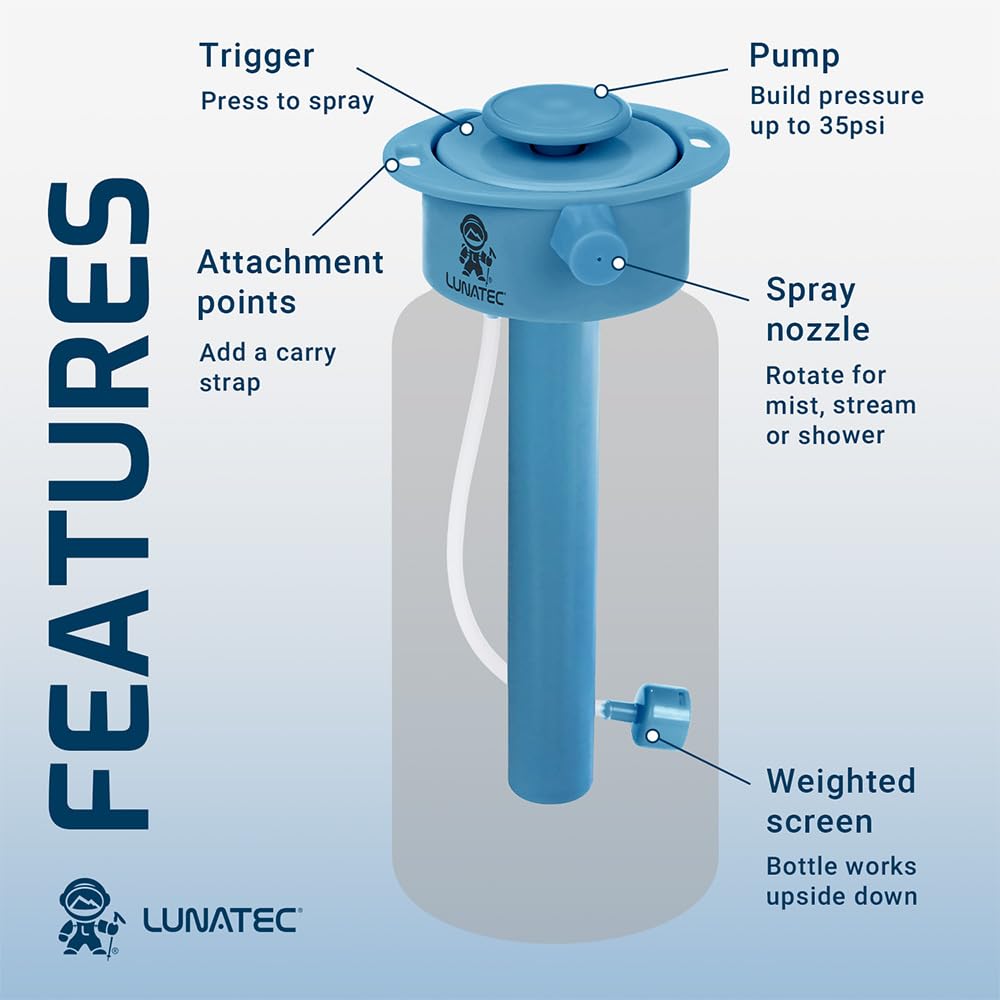 Lunatec Hydration Spray Water Bottle is a pressurized personal mister  camp shower and sport water bottle in one easy-to-use BPA free bottle.