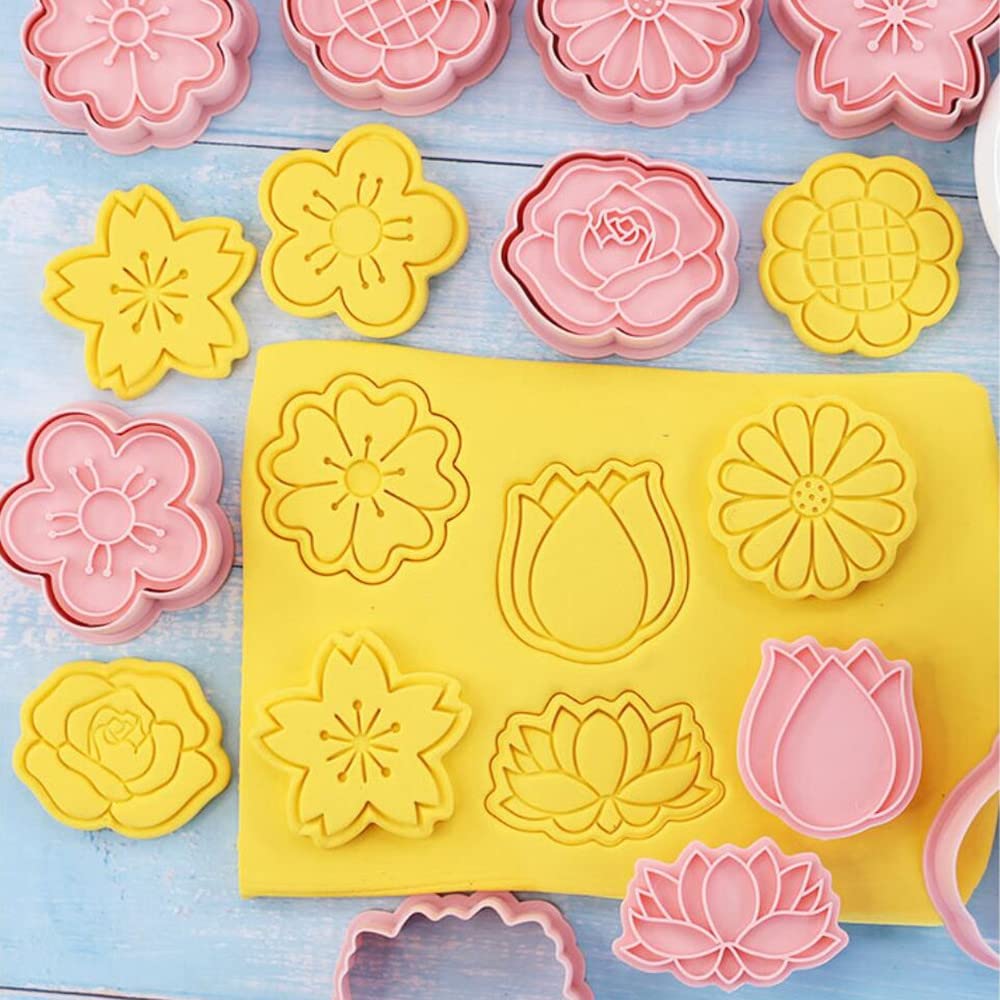 Flower Cookie Cutters,Plastic Daisy Cookie Stamps,3D Rose Cookie Moulds For Baking,Cookie Mould Press Lotus Cookie Press Set Kit