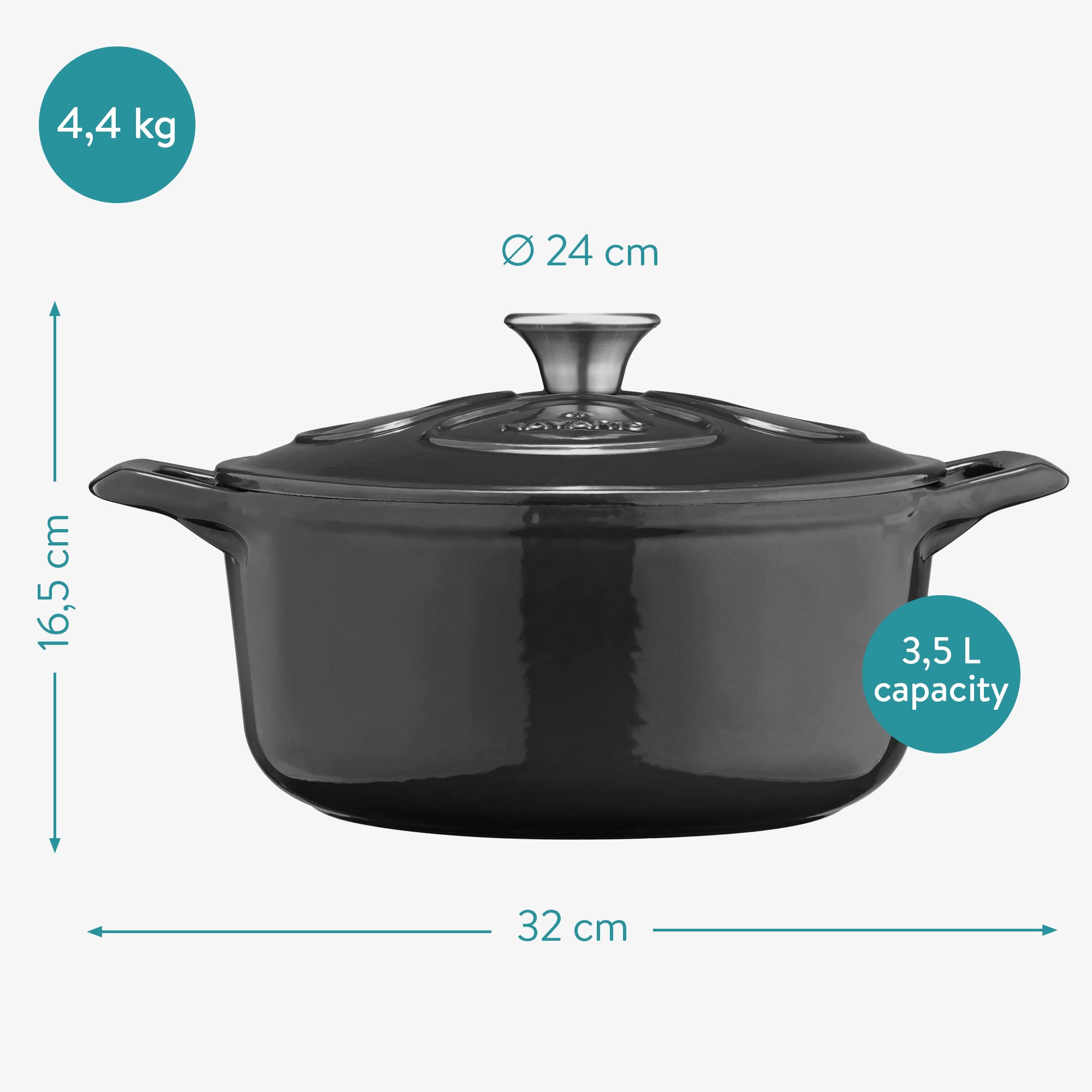 Navaris Enameled Dutch Oven - 3.7 QT Cast Iron Pot with Lid - 9 1/2 '' Round Enamel Cookware - Induction Cooktop Safe - Glossy Black