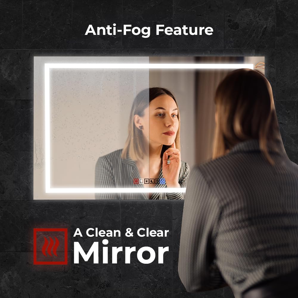 Dimmable LED Bathroom Mirror 18'' x 40'' Front and Backlit Anti-Fog Memory Brightness  Three Color Options Wall Mounted Rectangle Lighted Mirror for Vanity (Horizontal/Vertical) Frameless Wall Mirror