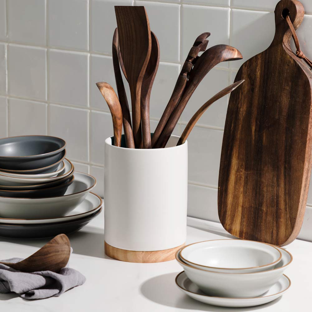 Sweejar Kitchen Utensil Holder With Wooden Bottom, 6.7'' Ceramic Utensil Crock To Hold Spatulas For Cooking Countertop, Housewar