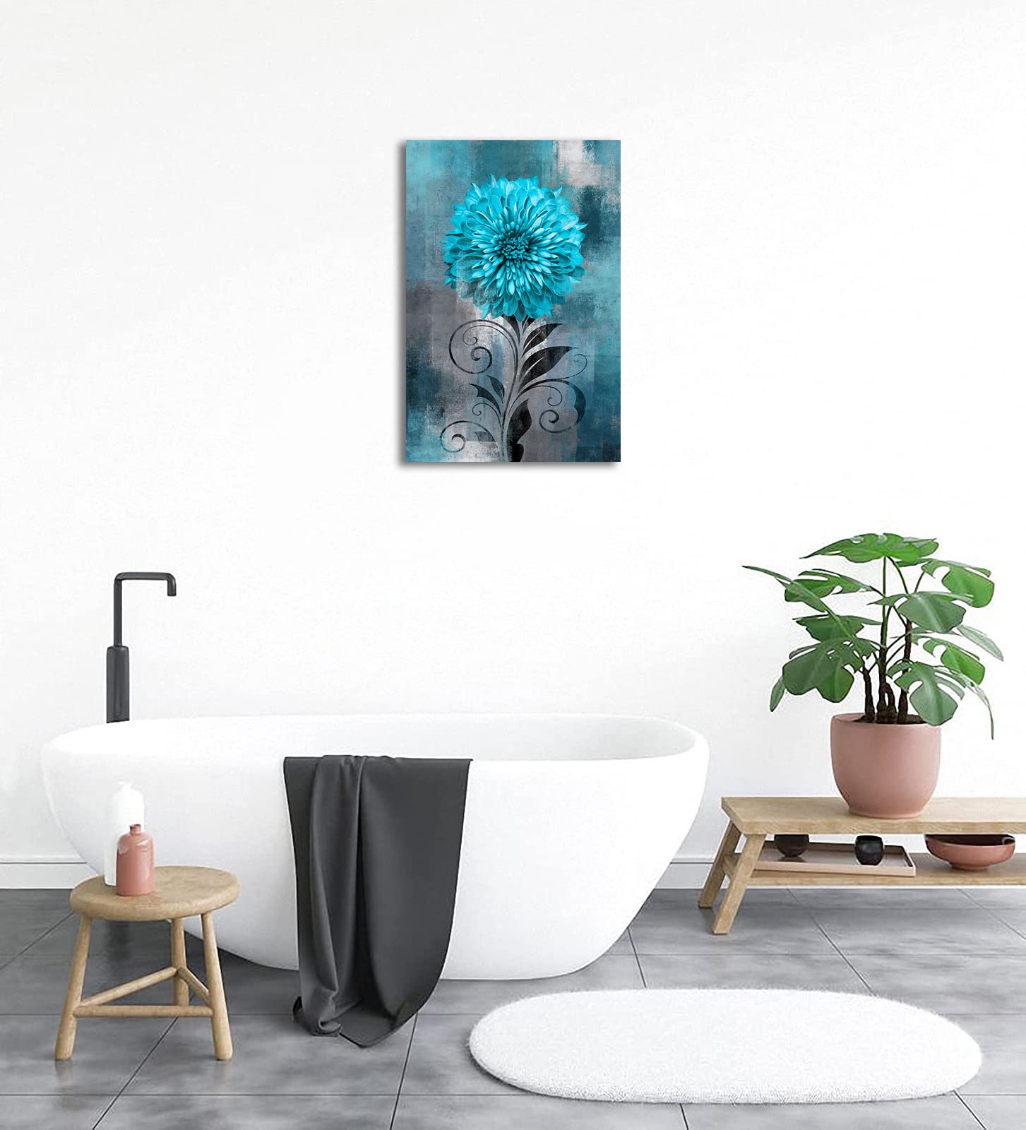 Abstract Flower Wall Art Teal Flowers Canvas Pictures Rustic Blossom Canvas Painting For Living Room Bedroom Wall Decor Modern T