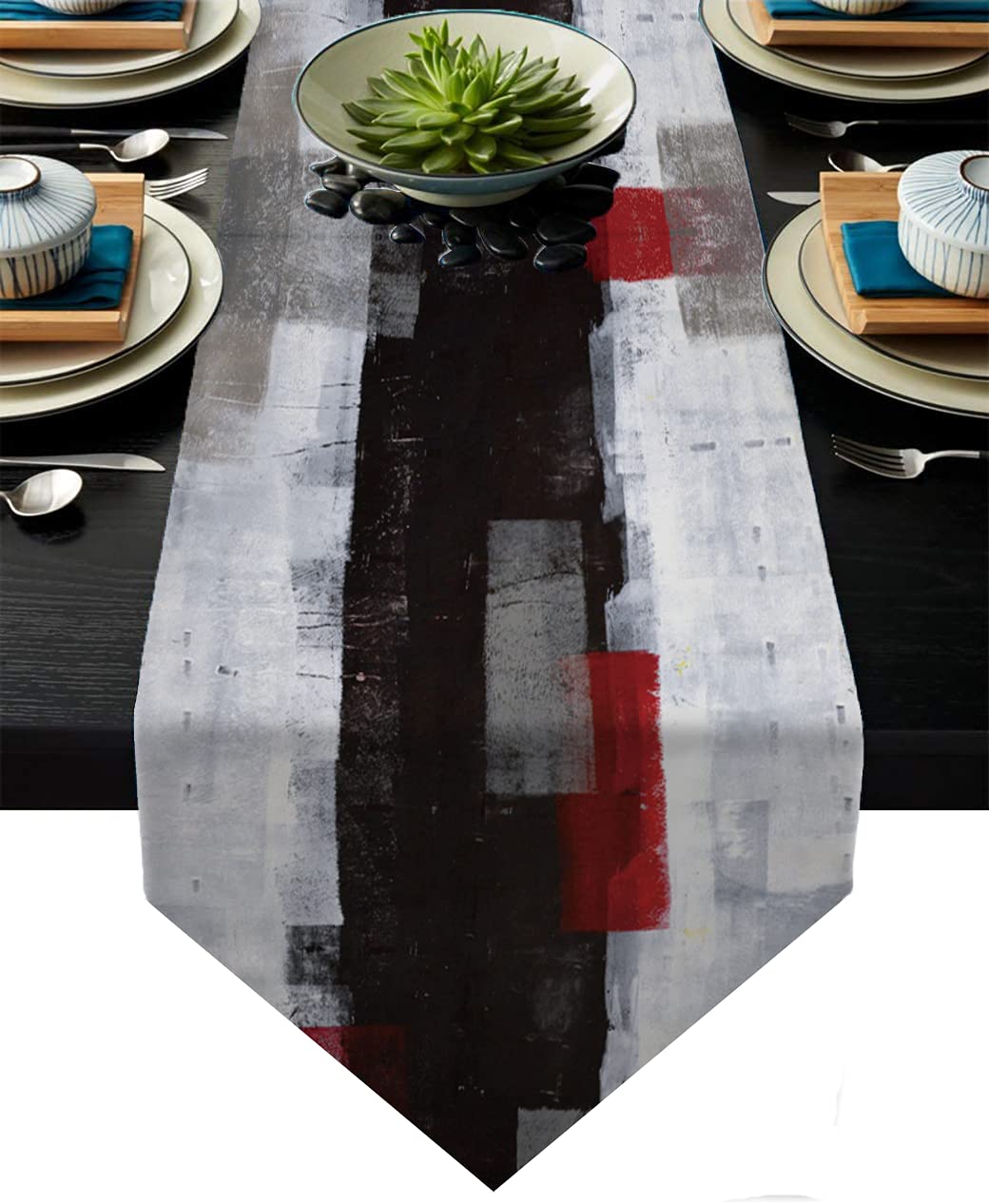 Modern Burlap Table Runner,Abstract Red And Black Art Table Runners For Table Dresser Runner Farmhouse Style For Dinner Party Ho