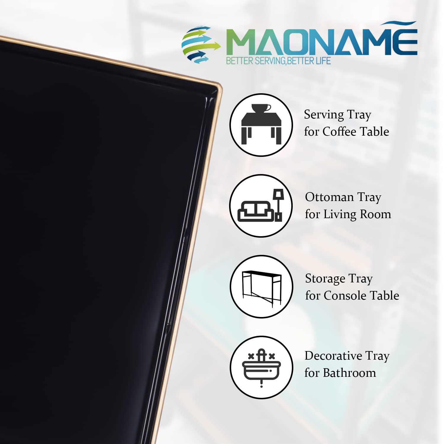 MAONAME Decorative Tray  Black Serving Tray with Handles  Coffee Table Tray  Square Plastic Tray for Ottoman  Bathroom  Kitchen  13''x13''x1.57''