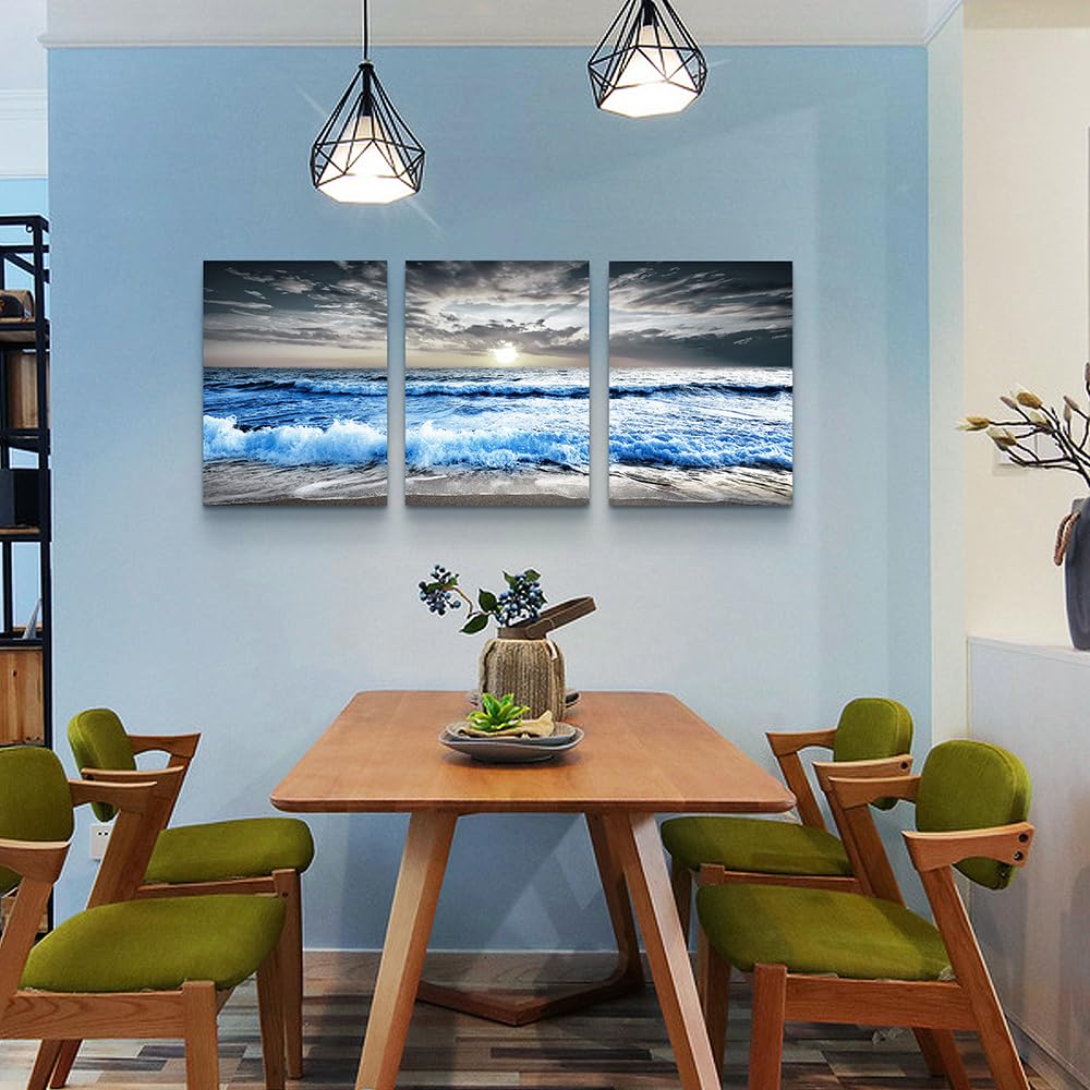 Mhartk66 Black And White Wall Art For Living Room Blue Sea Waves Canvas Wall Decor For Home Decor Artwork Painting 16'' X 24'' 3