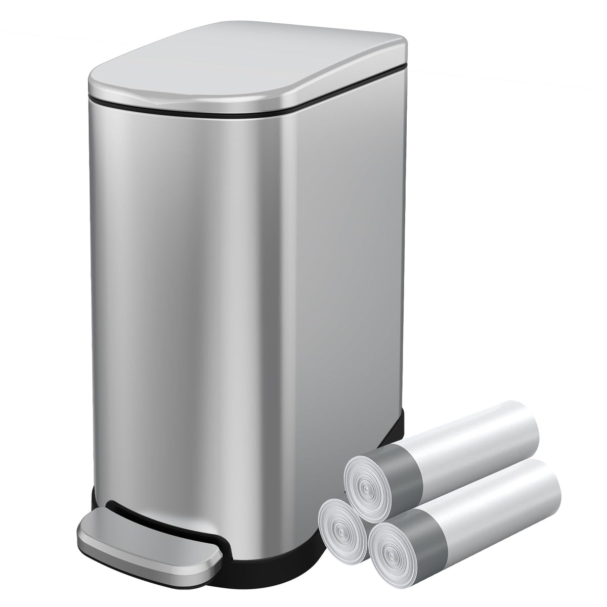 Kuk Slim Bathroom Trash Can With Lid, 2.6 Gallon (10 L) Stainless Steel Step Small Garbage Can With Removable Inner Bucket, Soft