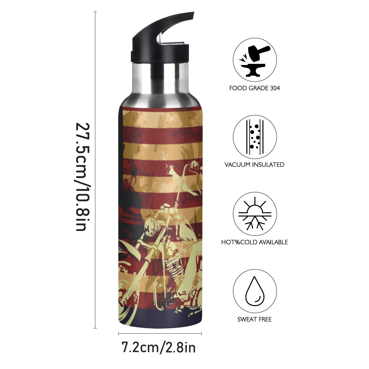 Keepreal Skull Motorcycle American Flag Water Bottle - Reusable Water Bottle For Gym Bike Running Cycling 600 Milliliter 22 Ounc