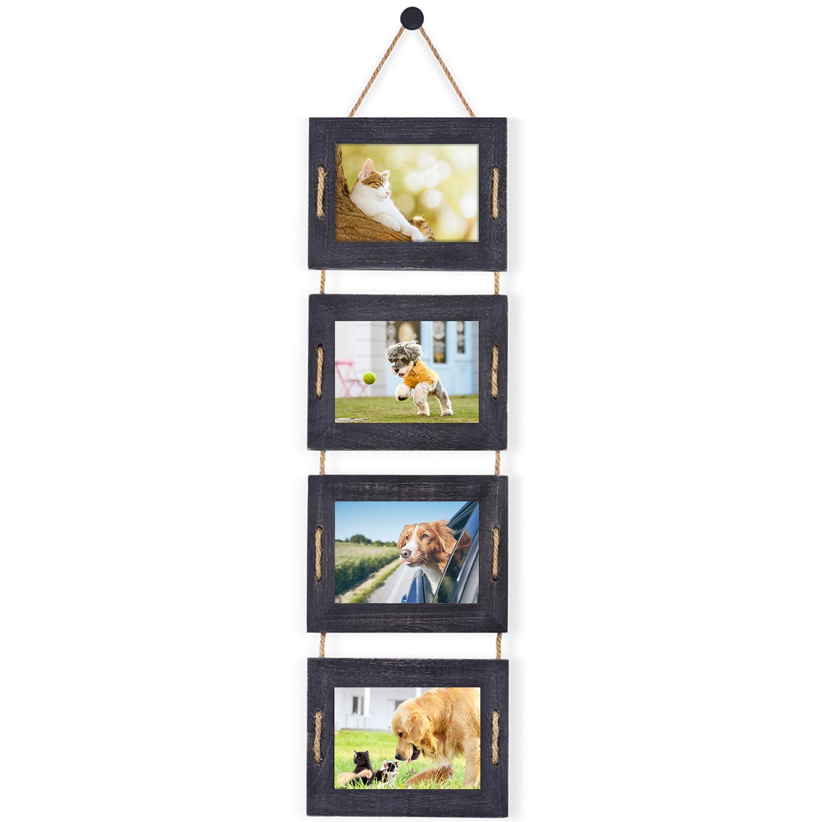 DLQuarts 5x7 Hanging Picture Frames Collage Wall Decor, 4-Opening, 3.5x5 With Mat or 5x7 Without Mat, Rustic Solid Wood Multi Pi