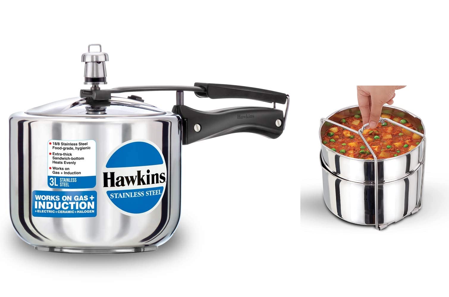 Hawkins Stainless Steel Inner Lid Pressure Cooker, 3 Litres Tall, With Two Dish Set/Separator, 3 Liter