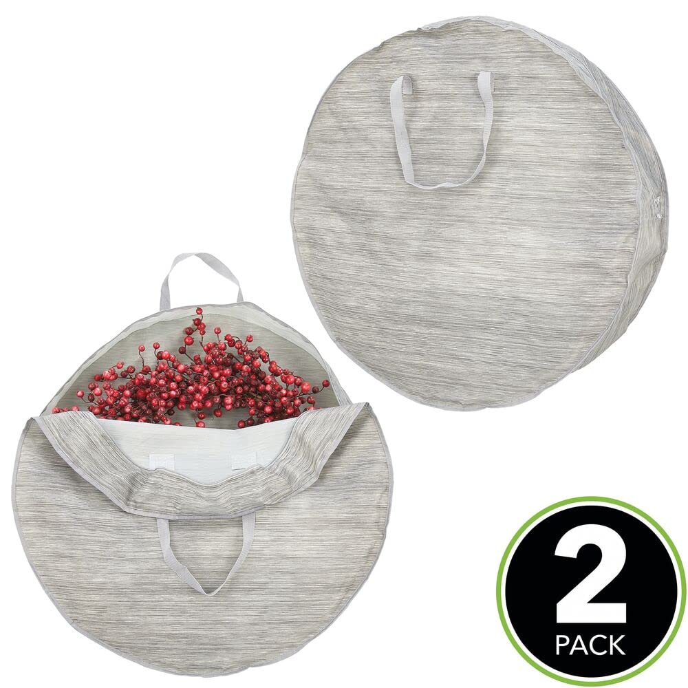 Mdesign Round 30'' Wreath Storage Container With Handles - Fabric Christmas Wreath Storage Bag And Protector - Garland Storage B