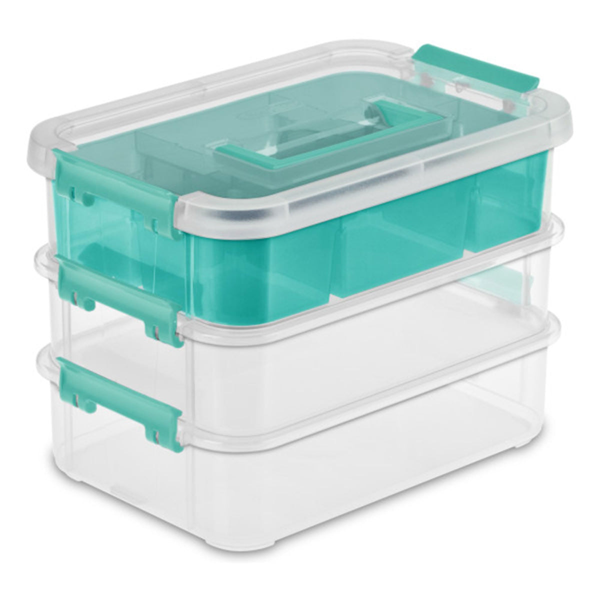 Sterilite 24 Pack Plastic Storage Box Container, 3 Layer, Stack And Carry, Clear/Blue